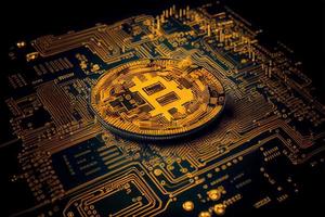 Bitcoin golden coin on computer circuit board 3D and illustrations photo