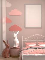 3D illustration Mockup photo frame in bedroom rendering