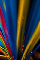 portrait of young pretty african teenager stands behind long colored drinking straws photo