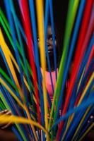 portrait of young pretty african teenager stands behind long colored straws photo