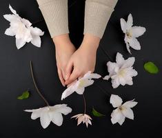 bouquet of white clematis flowers and two female hands on a black background, top view photo