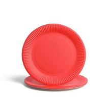 empty red paper disposable plates on a white background, top view photo