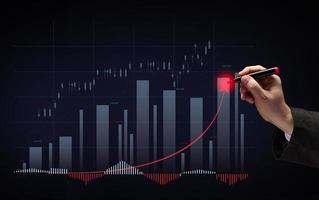 Holographic graph with growing indicators and a man's hand with a marker. Profitable business dynamics, high margin. Growth of indicators on the stock exchange photo