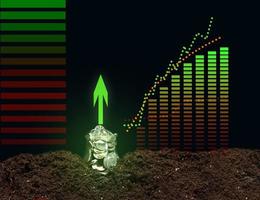 a can of coins on the ground and a growing graph of indicators. Performance growth concept photo