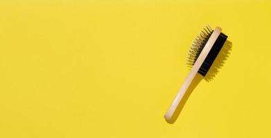 Wooden animal brush on yellow background, top view photo