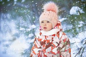 Beautiful little girl in winter clothes on the background of snowy nature. Child on a winter walk.