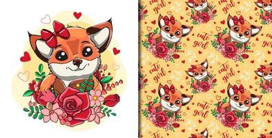 Cute Cartoon Fox print with flowers vector seamless pattern