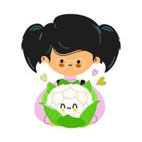 Young cute funny girl hold cauliflower in hand. Girl hugs cute cauliflower. Vector hand drawn doodle style cartoon character illustration icon design. Isolated on white background