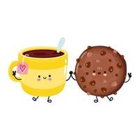 Cute happy cup of tea and chocolate chip cookie card. Vector hand drawn doodle style cartoon character illustration icon design. Happy cup of tea and chocolate chip cookie friends concept card