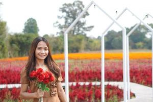 Asian woman smiling happily among beautiful flowers photo