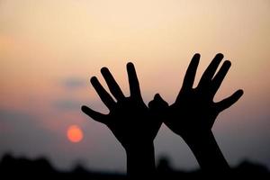 humano mano silueta de volador pájaro puesta de sol antecedentes foto