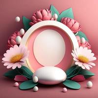 3D Pink Podium Decorated with Shiny Eggs and Flowers for Product Stand Easter Holiday photo