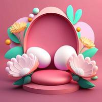 3D Pink Illustration Podium Decorated with Eggs and Flowers for Product Display Easter Holiday photo