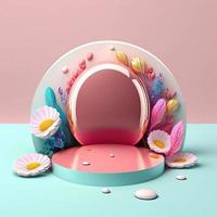 3D Pink Illustration Podium Decorated with Shiny Eggs and Flowers for Easter Holiday photo