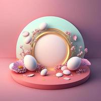 Pink Podium Decorated with Glossy Eggs and Flowers for Product Stand Easter Holiday photo