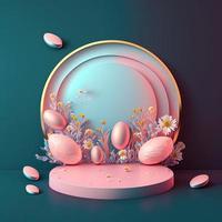 3D Pink Podium Decorated with Eggs and Flowers for Product Presentation Easter Holiday photo