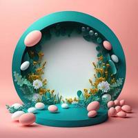 Digital 3D Illustration of a Podium with Eggs, Flowers, and Foliage Ornaments photo