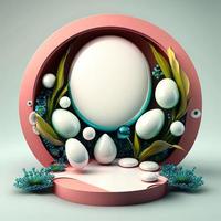 3D Illustration of a Podium with Eggs, Flowers, and Foliage Ornaments photo