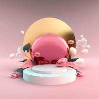 3D Pink Illustration Podium with Shiny Eggs and Flower Decoration for Easter Celebration photo