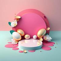 Pink Podium Decorated with Eggs and Flowers for Product Stand Easter Holiday photo