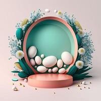 digital 3d ilustración de un podio con Pascua de Resurrección huevos, flores, y hojas decoración para producto monitor foto