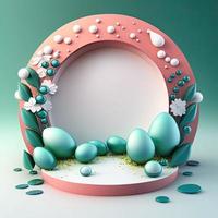 Digital 3D Illustration of a Podium with Easter Eggs, Flowers, and Greenery Decoration for Easter Celebration photo