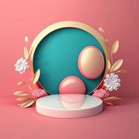 3D Pink Podium Decorated with Eggs and Flowers for Product Display Easter Day photo