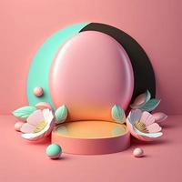 3D Pink Illustration Podium Decorated with Eggs and Flowers for Product Presentation Easter Day photo