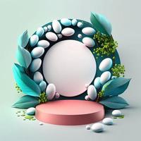 3D Illustration of a Podium with Eggs, Flowers, and Leaves Ornaments photo