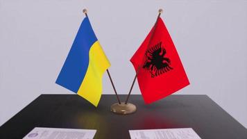 Ukraine and Albania flags on politics meeting animation video