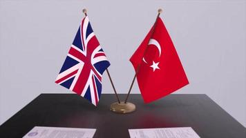 Turkey and UK flag. Politics concept, partner deal between countries. Partnership agreement of governments video