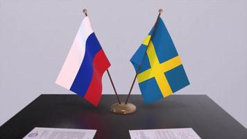 Sweden and Russia national flag, business meeting or diplomacy deal. Politics agreement animation video