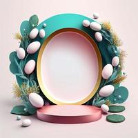 3D Illustration of a Podium with Easter Eggs, Flowers, and Greenery Ornaments photo