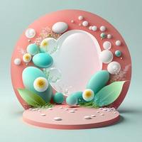Digital 3D Illustration of a Podium with Easter Eggs, Flowers, and Greenery Decoration for Easter Celebration photo
