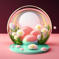 3D Pink Podium Decorated with Eggs and Flowers for Product Presentation Easter Day photo