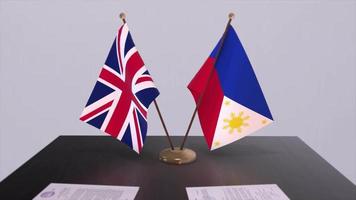 Philippines and UK flag. Politics concept, partner deal between countries. Partnership agreement of governments video