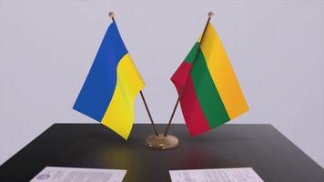Ukraine and Lithuania flags on politics meeting animation video