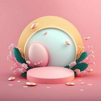 3D Pink Podium with Shiny Eggs and Flower Decoration for Product Stand Easter Celebration photo