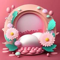 Pink Podium Decorated with Shiny Eggs and Flowers for Product Presentation Easter Day photo