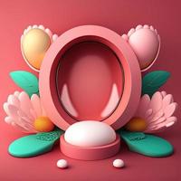 3D Pink Illustration Podium Decorated with Shiny Eggs and Flowers for Product Stand Easter Holiday photo