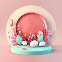 Pink Podium Decorated with Eggs and Flowers for Easter Holiday photo