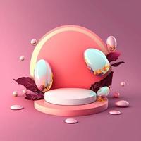 3D Pink Illustration Podium with Eggs and Flower Decoration for Product Presentation Easter Celebration photo