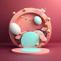 3D Pink Illustration Podium with Eggs and Flower Decoration for Easter Celebration photo