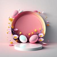 Pink Podium with Eggs and Flower Decoration for Easter Celebration photo