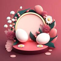 Pink Podium with Shiny Eggs and Flower Decoration for Easter Celebration photo