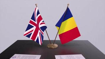 Romania and UK flag. Politics concept, partner deal between countries. Partnership agreement of governments video