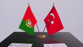 Portugal and Turkey flags at politics meeting. Business deal video