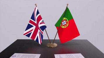 Portugal and UK flag. Politics concept, partner deal between countries. Partnership agreement of governments video