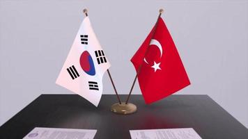 South Korea and Turkey flags at politics meeting. Business deal video