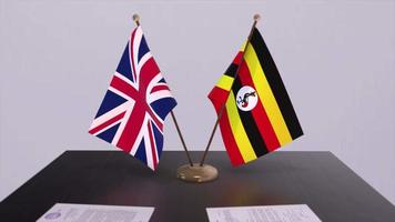 Uganda and UK flag. Politics concept, partner deal between countries. Partnership agreement of governments video